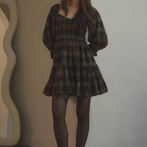 Lulus No One Cuter Black And Tan Plaid Puff Sleeve Tiered Mini Dress - Size L - Picture 1 of 1